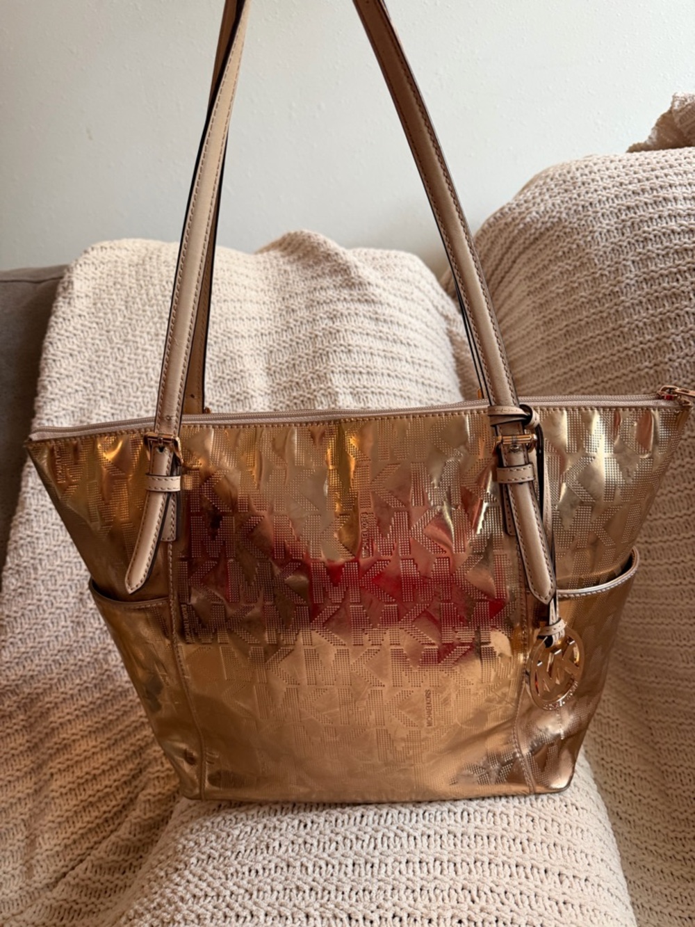 Michael Kors Jet Set East West Rose Gold Mirror Metallic Tote MK Logo Large